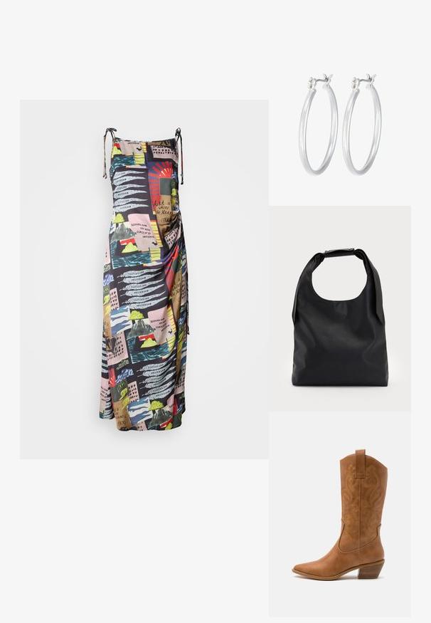 Vestido maxi de tejido ligero, con un estampado multicolor de diseños abstractos y texto. Tirantes ajustables para un ajuste personalizable.; Bota de vaquero de cuero marrón claro con punta afilada, patrones de espiral bordados en el tubo y un tacón bloque apilado. Cuenta con una pestaña de agarre para facilitar su uso.; Bolso hobo de cuero negro con un solo asa suave y redondeada; presenta una textura lisa y un diseño minimalista. Sin hardware visible ni acentos.; Pendientes de aro de plata con un acabado liso y pulido. Forma redonda y cierre de click seguro. Diseño ligero adecuado para el uso diario.