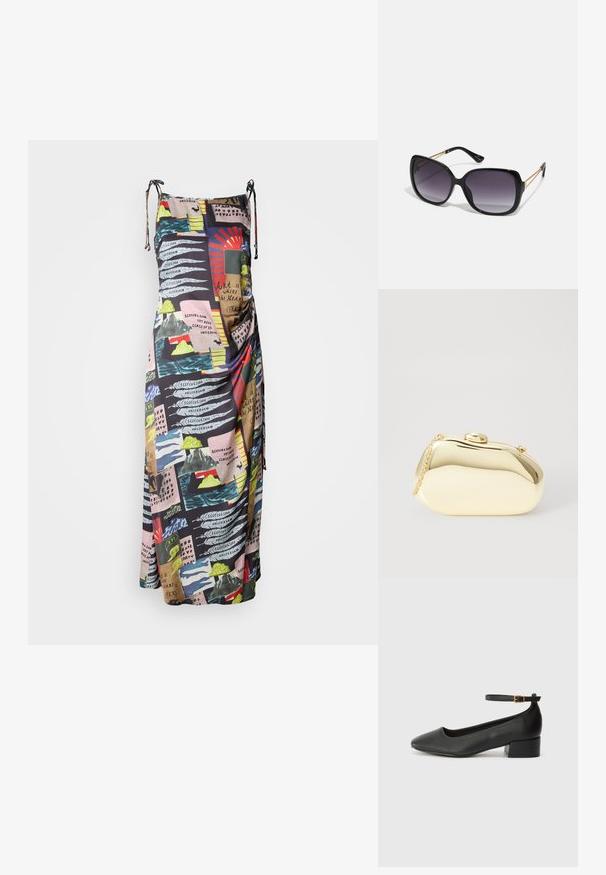 Abito lungo in tessuto leggero, caratterizzato da una stampa multicolore di design astratti e testo. Spalline regolabili per una vestibilità personalizzabile.; Pump in pelle nera con punta affusolata e tacco basso a blocco. Presenta una cinghia alla caviglia con una fibbia in tonalità oro. Texture liscia.; Occhiali da sole neri oversize con lenti sfumate, montatura spessa e dettagli in catena dorata sulle astine.; Clutch metallico oro con una forma liscia e arrotondata, dotato di una chiusura a pulsante superiore e una piccola tracolla per il trasporto.
