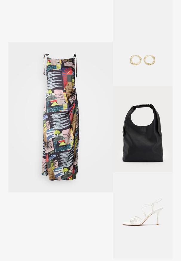 Abito lungo in tessuto leggero, caratterizzato da una stampa multicolore di design astratti e testo. Spalline regolabili per una vestibilità personalizzabile.; Sandalo alto con tacco bianco a strisce, con una base piatta per le dita, un frontale testurizzato con dettagli arricciati e una sottile cinghia alla caviglia.; Borsa a mano in pelle nera con un ampio apertura superiore e una singola tracolla. Texture morbida, design minimalista, con sottili accenti in metallo.; Orecchini a cerchio in oro con una forma irregolare e texture. Presentano una chiusura senza giunture e una finitura superficiale lucida, che enfatizza un design moderno.