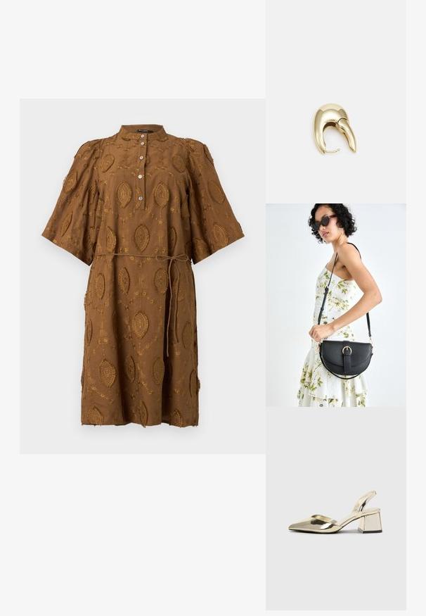 Brown embroidered dress with a collared neck, short puff sleeves, and a drawstring waist. Features oval patterns and buttons down the front.; Gold, metallic slingback heels with a pointed toe and chunky heel. Smooth texture, minimalistic design, and a narrow strap.; Black leather handbag with a curved shape, detachable strap, and gold hardware. The bag features a flap with a buckle detail.; Gold-tone metal earring with a sleek, curved design. Features a distinctive pointed shape, polished surface, and hinge closure.