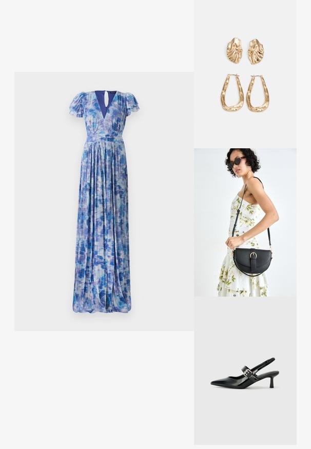Rochie maxi cu un model în degrade albastru, cu mâneci fluture și decolteu adânc în formă de V. Material plissetat, textură moale și talie care accentuează silueta.; Sandale cu toc din piele patent neagră, cu vârful ascuțit și un toc mic bloc, având un accent cu cataramă argintie pe curea.; Geantă din piele neagră, cu o formă curbată, curea detașabilă și accesorii aurii. Geanta are un capac cu un detaliu tip cataramă.; Cercei aurii cu forme texturate și ondulate. Include studs sculpturale cu clip și un design de cerc deschis cu un finisaj cioplit.
