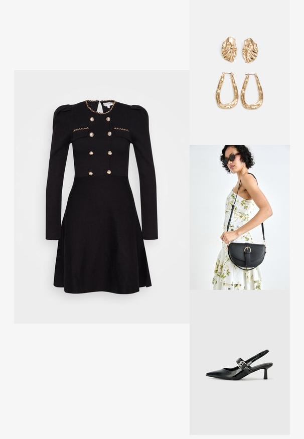 Must mustriga musta kleit, millel on pikad varrukad, dekoratiivne kuldne ketti kaeluses, topelt-nupuline esiosa, millel on kangast kaetud nupud, ning kitsas talje.; Mustad patenteeritud nahast sildiga kontsad, millel on terav nina ja väike plokk-konts, mille rihmal on hõbedane pandla aksessuaar.; Mustmust mustraha kõverate joontega, eemaldatava rihmaga ja kuldsete detailidega. Kotil on klapp, millel on pandladetail.; Kuldse värvi kõrvarõngad, mis on kaunistatud tekstuursete ja laineliste kujunditega. Komplektis on skulpturaalsed klamber kõrvarõngad ja avatud rõngasdisain, millel on lõhestatud viimistlus.