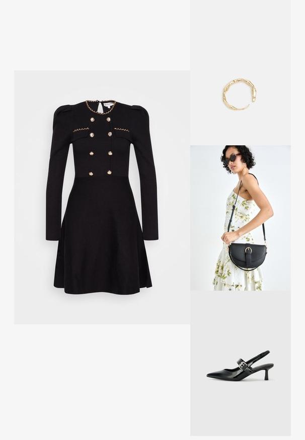 Robe noire à manches longues, chaîne dorée décorative au niveau du col, devant à double fermeture avec des boutons recouverts de tissu et taille cintrée.; Escarpins slingback en cuir verni noir avec un bout pointu et un petit talon bloc, mettant en avant un accent en boucle argentée sur la sangle.; Sac à main en cuir noir avec une forme courbée, bandoulière amovible et des accessoires en or. Le sac est doté d'un rabat avec un détail de boucle.; Bague en or ornée d'un design organique et torsadé, avec une texture lisse et des extrémités effilées, créant une apparence moderne et sculpturale.