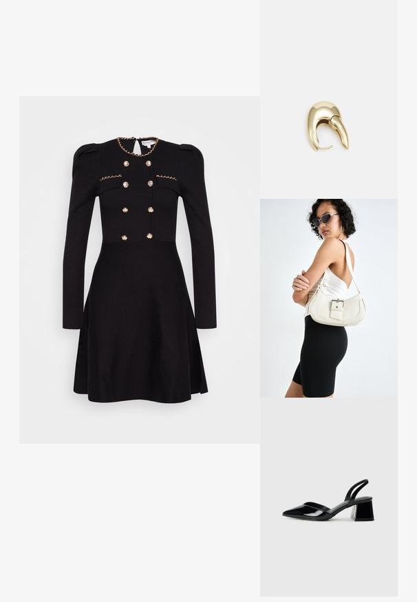 Černé šaty s dlouhými rukávy, dekorativní zlatý řetěz při výstřihu, dvouřadé zapínání vpředu s knoflíky potaženými látkou a úzký pas.; Černé lakované kožené lodičky na pásku s špičatou špičkou a geometrickým blokovým podpatkem. Vyznačují se elegantním, minimalistickým designem a hladkým povrchem.; Bílá kožená kabelka s křivkovým tvarem, nastavitelným popruhem a malým detailem přezky. Model nosí těsné černé oblečení.; Náušnice ve zlatém tónu z kovu s elegantním zakřiveným designem. Vyznačují se jedinečným špičatým tvarem, lesklým povrchem a závěsem na kloub.