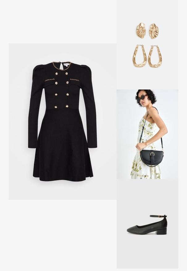 Black dress with long sleeves, decorative gold chain at the neckline, double-breasted front with fabric-covered buttons, and fitted waist.; Black leather pump with a pointed toe and a low block heel. Features an ankle strap with a gold-tone buckle. Smooth texture.; Black leather handbag with a curved shape, detachable strap, and gold hardware. The bag features a flap with a buckle detail.; Gold-tone earrings featuring textured, wavy shapes. Includes sculptural clip-on studs and open hoop design with a hammered finish.