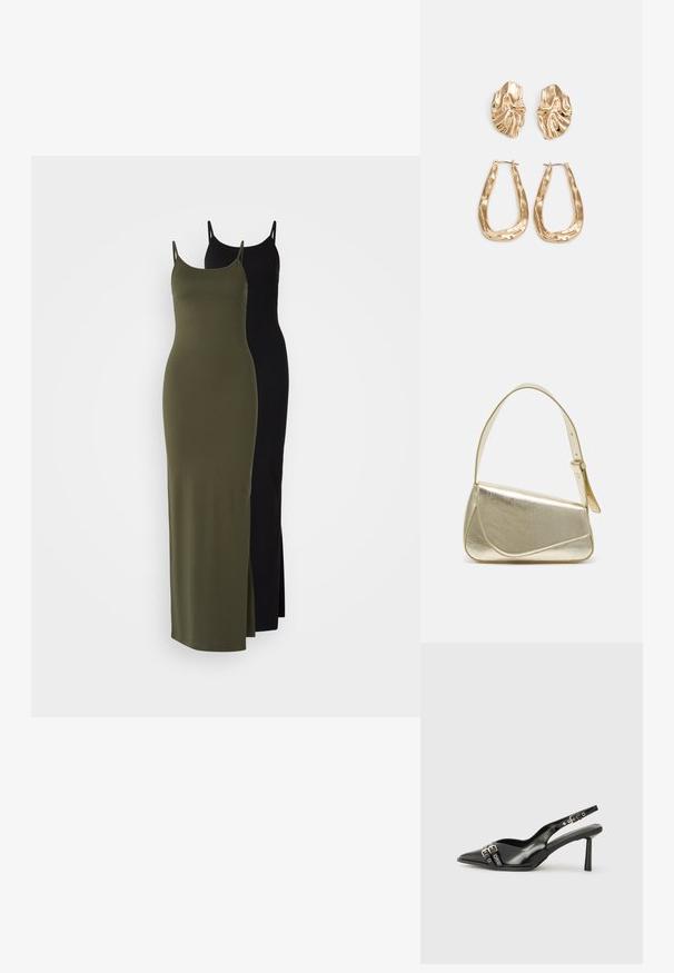 Näytetään kaksi modalilaatuista maxi-mekkoa. Toinen on oliivinvihreä, jossa on sivupilkku, ja toinen on musta, molemmissa on ohuet spagettiolkaimet.; Musta patenttinen nahkainen slingback-kengät, joissa on terävä nenä, nilkkahihnat hopeisilla soljilla ja varusteilla sekä hoikka korko.; Kultainen metallinen käsilaukku, jossa on jämäkkä muotoilu, sileä pinta ja säädettävä olkahihna. Sisältää ainutlaatuisen kolmiomaisen muodon ja minimalistisen tikkaustyylin.; Korukultainen korvakorut, joissa on teksturoituja, aaltoilevia muotoja. Mukana on veistokselliset klipsikorvakorut ja avoin rengasmalli, jossa on vasaroitu pinta.