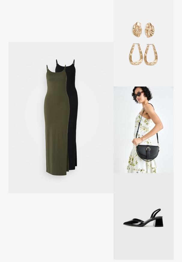 Sú vystavené dve maxi šaty z modalového zmesi. Jedny sú olivovo zelené s bočným rozparkom a druhé sú čierne, obidvoje majú štíhle ramienka.; Čierne lakované kožené sandálové podpätky s špicatou špičkou a geometrickým blokovým podpätkom. Disponujú elegantným, minimalistickým dizajnom a hladkým povrchom.; Čierna kožená kabelka s zaobleným tvarom, odnímateľným popruhom a zlatými doplnkami. Kabelka má klopu s detailom s prackou.; Náušnice v zlatej farbe s textúrovanými, vlnitými tvarmi. Obsahujú sochárske klipsové náušnice a otvorený tvar krúžku s kladivkovým povrchom.