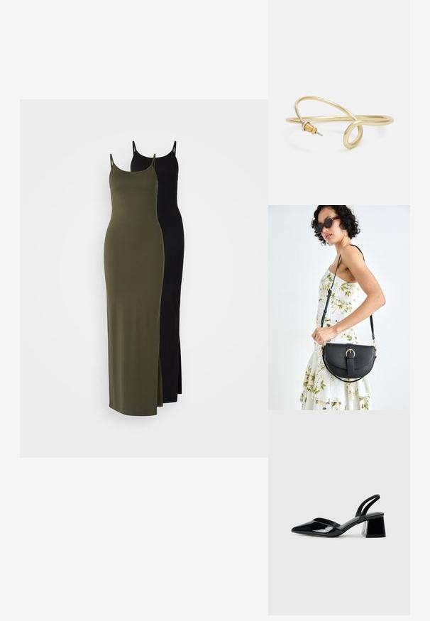 Demonstruojami du modaliniai maksi suknelės modeliai. Viena yra alyvuogių žalios spalvos su šonine iškirpte, o kita - juoda, abi turi plonas spageti petnešas.; Juodos lakuotos odinės šlepetės su smailiu pirštu ir geometriniu bloko kulnu. Turi elegantišką, minimalistinį dizainą ir lygų paviršių.; Juodas odinis krepšys su išlenkta forma, nuimamu dirželiu ir auksiniais detalėmis. Krepšys turi kilpą su sagtimi.; Auksinės spalvos metalinė apyrankė su skysčiu, kreipiančiu dizainu. Viename gale yra mažas, išsiskiriantis, sidabrinės spalvos akcentas.