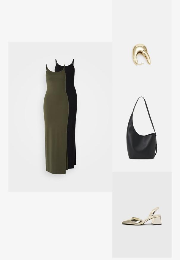 Demonstruojami du modaliniai maksi suknelės modeliai. Viena yra alyvuogių žalios spalvos su šonine iškirpte, o kita - juoda, abi turi plonas spageti petnešas.; Auksiniai, metaliniai slingback aukštakulniai bateliai su smailiu pirštu ir masyviu kulnu. Lygus paviršius, minimalizmo dizainas ir siaura juostelė.; Juodas odinis hobo maišas su lygiu paviršiumi, kreipta forma ir viena reguliuojama rankena; turi platų atidarymą viršuje.; Aukso tono metalinės auskarai su stilingu, kreiviu dizainu. Išsiskiria ryškiu smailiu pavidalu, poliruota paviršiumi ir užsegimu su vyriu.