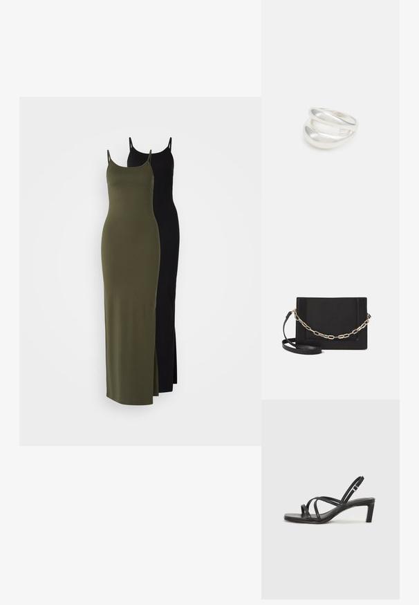 Näytetään kaksi modalilaatuista maxi-mekkoa. Toinen on oliivinvihreä, jossa on sivupilkku, ja toinen on musta, molemmissa on ohuet spagettiolkaimet.; Mustat hihnalligat, joissa on neliön muotoinen kärki ja matala lohkokorko. Ominaisuuksiin kuuluu useita ohuita hihnoja ja säädettävä nilkkahihna. Valmistettu sileästä nahasta.; Musta nahkainen olkalaukku, jossa on sileä pinta, suorakulmainen muoto ja metalliketju yksityiskohtana edessä. Mukana säädettävä hihna.; Hopeinen kaksinkertainen rengas, jossa on sileä, kiillotettu pinta. Siinä on sulava, kaareva muotoilu, jossa on päällekkäisiä osia modernin ilmeen saavuttamiseksi.