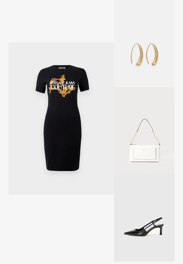 Svart tettsittende kjole med korte ermer som har gull- og hvit "VERSACE JEANS COUTURE" logo og intrikate gullmønstre foran.; Sorte patent slingback hæl med spids tå, featuring tekstureret slangeskind, justerbar rem og en kort, tekstureret blokhæl.; Hvit lærveske med teksturert overflate, utstyrt med gullkjede for å bære over skulderen og svarte detaljer. Inkluderer en frontlomme og glidelås.; Gullfargede metalløredobber med en buet, forlenget form. Har en jevn, blank overflate og en avrundet tupp for ekstra detaljer.