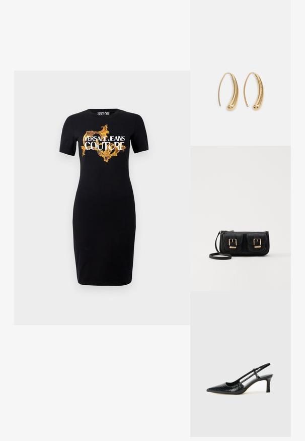 Svart tettsittende kjole med korte ermer som har gull- og hvit "VERSACE JEANS COUTURE" logo og intrikate gullmønstre foran.; Sorte patent slingback hæl med spids tå, featuring tekstureret slangeskind, justerbar rem og en kort, tekstureret blokhæl.; Svart skinn crossbody veske med to frontlommer, gyldne spenner, glidelåslukking og en slank stropp. Teksturert overflate og kompakt rektangulær form.; Gullfargede metalløredobber med en buet, forlenget form. Har en jevn, blank overflate og en avrundet tupp for ekstra detaljer.