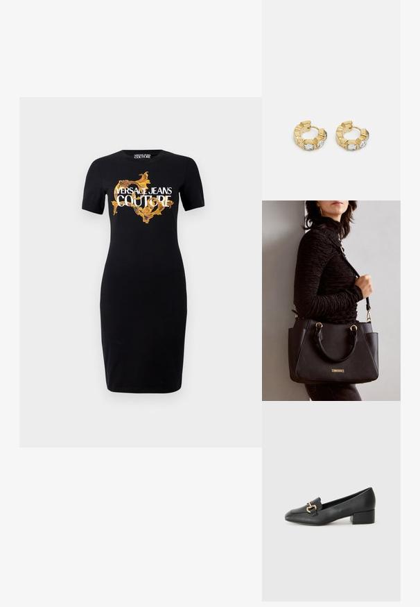 Vestido preto justo com mangas curtas, apresentando o logótipo em dourado e branco "VERSACE JEANS COUTURE" e padrões intricados em dourado na parte da frente.; Mocassins de couro preto com um salto baixo, apresentando um detalhe decorativo em metal dourado na parte da frente e uma textura suave.; Bolsa preta com superfície texturizada, alças superiores duplas e alça de ombro ajustável. Apresenta ferragens em tom dourado e bolsos laterais.; Brincos de argola dourados com um design texturizado e três cristais transparentes em um lado, oferecendo uma estética geométrica moderna.
