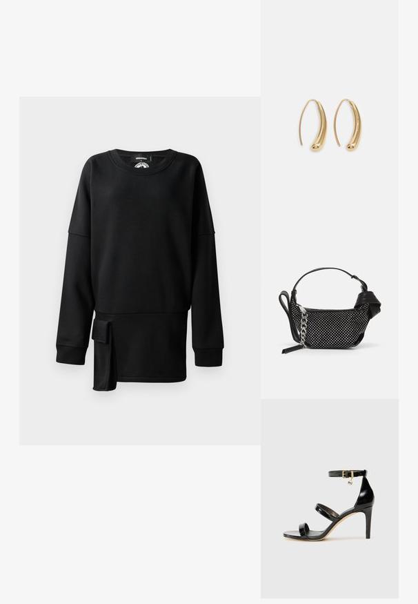 Hoodie hitam terbuat dari bahan yang lembut dan halus. Memiliki leher bulat, lengan panjang, dan detail flap samping dengan logo emboss.; Musta patentoitu nahkasandaali, jossa on kolme hihnaa, nilkkasolki ja 4 tuuman stiletto-korko. Varustettu kultaisilla yksityiskohdilla ja logokoristeella.; Musta käsilaukku, jossa on teksturoitu muotoilu, koristeltu hopeisilla niiteillä ja tukeva hopeaketjuolkaimella. Omistaa tyylikkään, minimalistisen muodon.; Korvakorut kultasävytteistä metallista, joissa on kaareva, pitkänomainen muoto. Ominaisuuksiin kuuluu sileä, kiiltävä pinta ja pyöreä kärki lisäyksinä.
