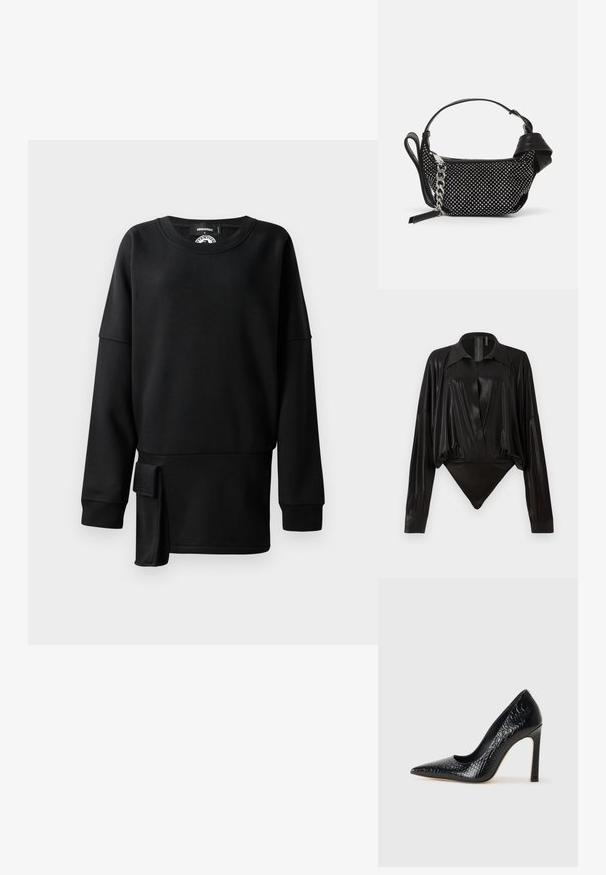 Crna dukserica izrađena od mekane, glatke tkanine. Ima okrugli izrez, duge rukave i detalj bočnog preklopa s utisnutim logotipom.; Crni bodi s dugim rukavima, V-izrezom i prilagođenim siluetom. Izrađen od sjajnog, glatkog materijala s strukturiranim ovratnikom i manžetama.; Crne visoke potpetice s oštrim prstima, od teksture krokodilske kože, elegantnog dizajna, visoke stiletto potpetice i glatkog crnog unutrašnjosti.; Crna torbica s ukrasima od studenaca, lančanim remenom i glatkom kožnom drškom, zaobljenog oblika i zatvorenim odjeljkom na zip.