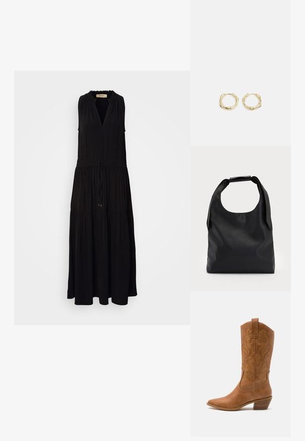 Melna bezpiedurkņu maksi kleita ar V veida kakla izgriezumu, saputrājumu pie kakla, elastīgu jostu un kārtainu svārku. Mīksta auduma, ar gludu tekstūru.; Brūni ādas kovboju zābaks ar norādītu purngalu, izšūtām viļņveida apakšējo detaļu un sakrautajiem blokiem. Iezīmēts ar velkšanas cilpu ērtai uzvilkšanai.; Melna ādas hobo soma ar vienu mīkstu, noapaļotu rokturi; tai ir gluda virsma un minimālistisks dizains. Nav redzamu metāla detaļu vai akcentu.; Zelta riņķveida auskari ar tekstūru un neregulāru formu. Iekļauj bezšuvju aizdari un pulētu virsmas apdari, uzsverot mūsdienīgu dizainu.