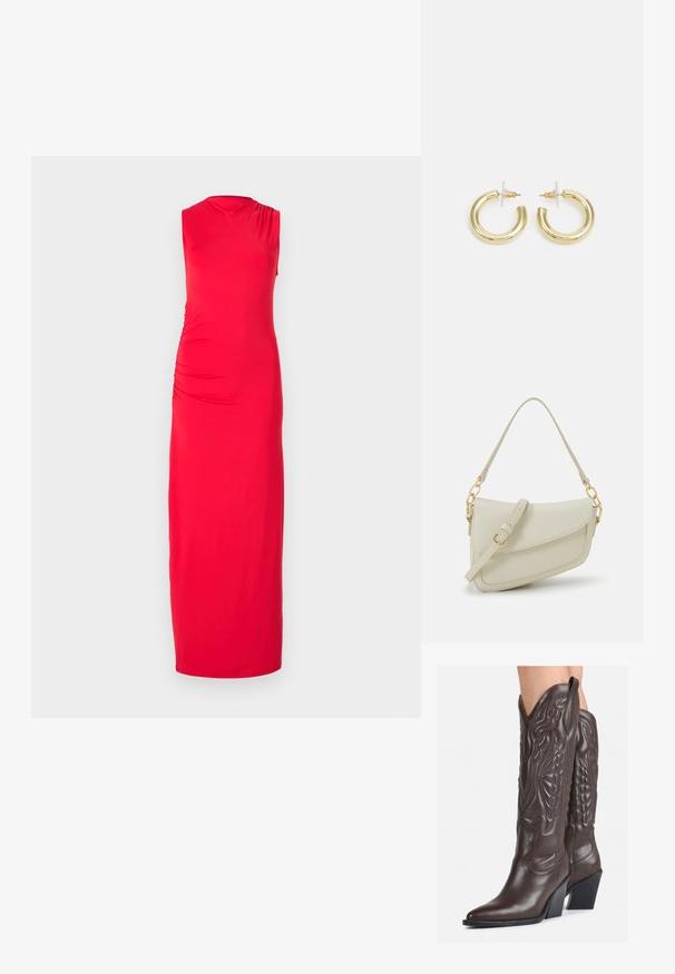 Sarkans, bez piedurknēm, grīdai garš kleita ar sakļautām sānu detaļām. Izgatavota no gludas, elastīgas auduma ar pieguļošu siluetu.; Brūni ādas kovboju zābaki ar norādītu purngalu un blokveida papēdi, ar detalizētu šūšanu un paceltiem akcentiem uz kājas daļas.; Maza krēmkrāsas rokas soma ar teksturētu apdari, garu regulējamu siksniņu, ķēdes akcentu un vāciņa aizdari. Zelta aparatūras detaļas.; Zelta auskari ar gludu, spīdīgu apdari. Apaļš dizains, kas ietver mazu tapu un caurspīdīgu pamatni drošai valkāšanai.