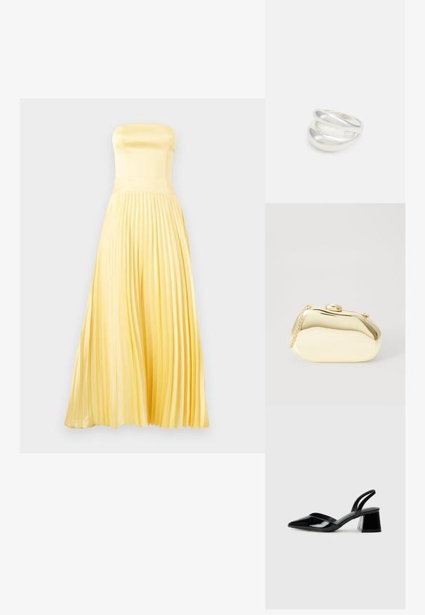 Strapless maxi dress in light yellow satin. Features a fitted bodice and pleated skirt. Smooth texture with a flowing silhouette.; Black patent leather slingback heels with a pointed toe and a geometric block heel. Features a sleek, minimal design and smooth texture.; Metallic gold clutch with a smooth, rounded shape, featuring a top button clasp and a small chain strap for carrying.; Silver double-band ring with a smooth, polished surface. Features a fluid, curved design with overlapping sections for a modern look.