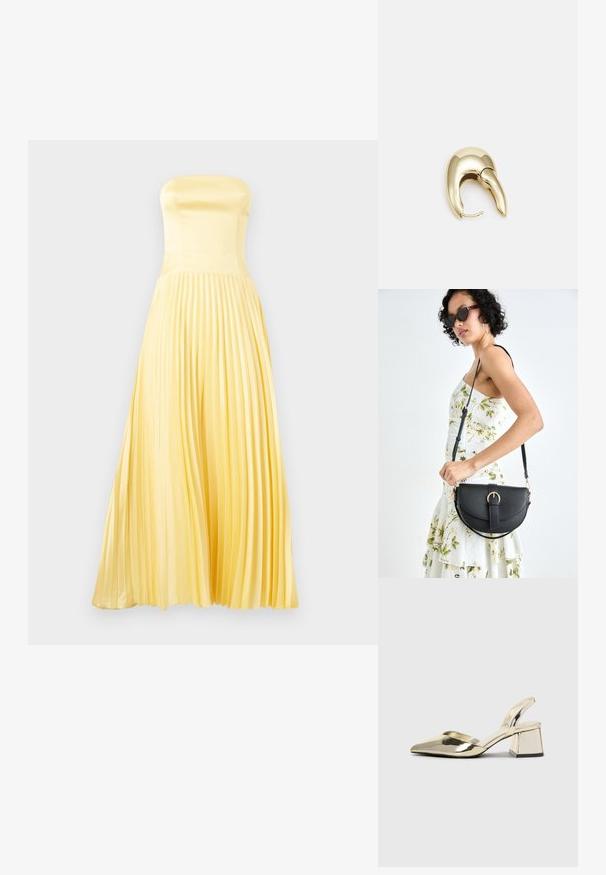 Rochie maxi fără bretele din satin galben deschis. Prezintă un corset ajustat și o fustă pliată. Textură netedă cu o siluetă fluidă.; Pantofi cu toc slingback metalici aurii, cu vârf ascuțit și toc chunky. Textură netedă, design minimalist și o curea subțire.; Geantă din piele neagră, cu o formă curbată, curea detașabilă și accesorii aurii. Geanta are un capac cu un detaliu tip cataramă.; Cercei din metal de culoare aurie cu un design elegant și curbat. Prezintă o formă distinctivă, ascuțită, o suprafață lustruită și un sistem de închidere cu balama.