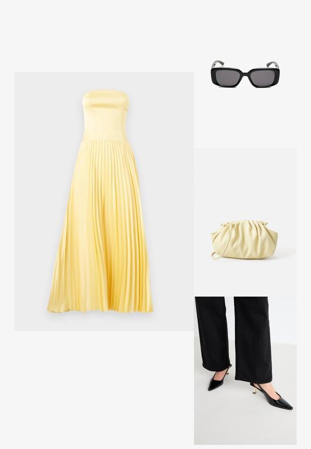 Haljina maxi bez naramenica od svijetlo žutog satena. Ima tijesno pripijen gornji dio i plisiranu suknju. Glatka tekstura s lepršavim krojem.; Simmi London JUNE - Klasične cipele s visokom petom - black; Crne pravokutne sunčane naočale s tamnim lećama, glatkim plastičnim okvirom i zakrivljenim državama. Dizajn je masivan s minimalističkom estetikom.; Žuta plisirana torbica napravljena od glatke umjetne kože, s mekim oblikom, jednom naramenicom i nabranim dizajnom na vrhu.