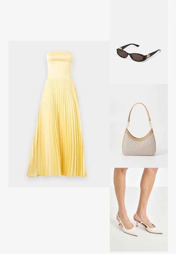 Robe maxi sans bretelles en satin jaune clair. Présente un corsage ajusté et une jupe plissée. Texture lisse avec une silhouette fluide.; Escarpins à talon slingback en cuir verni beige avec un bout pointu et un talon de 5 cm, présentant des côtés découpés et une fine bride à la cheville.; Lunettes de soleil en écaille, avec des verres ovales allongés, teinte marron, accents de logo doré sur les branches et montures noires élégantes.; Sac à main en beige à motif, avec une forme incurvée, des accents en cuir et un logo en ton doré sur le devant. Il dispose d'une poignée courte pour un transport facile.