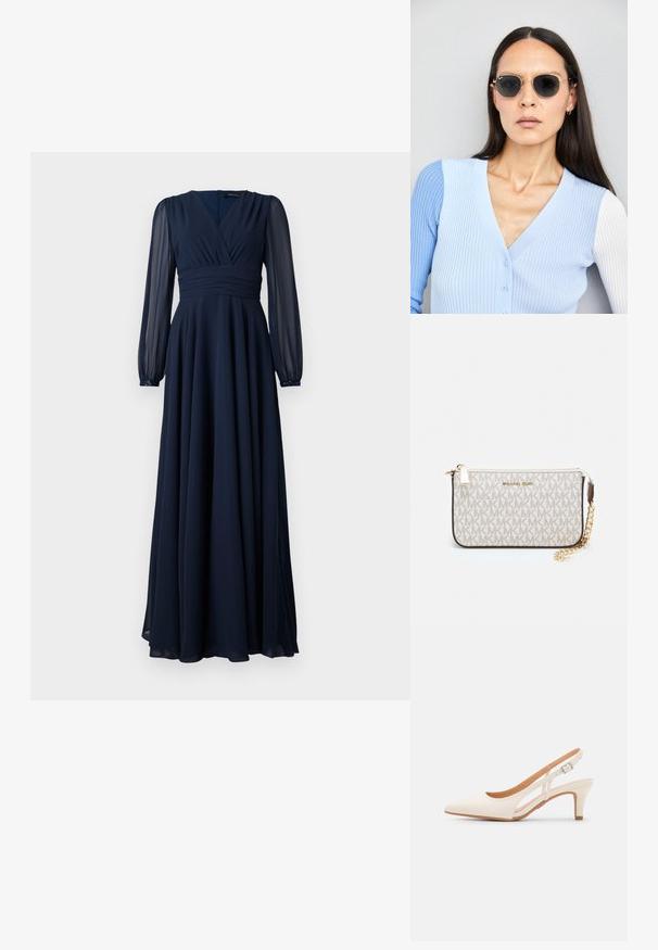 Dolga mornarsko modra obleka z V-izrezom, zberjenim pasom in prosojnimi dolgimi rokavi. Narejena iz lahkega materiala s tekočo silhueto.; Bela slingback peta z ostrim nosom, gladka zgornja prevleka, nizka blok peta in zasnova z stranskimi izrezi ter nastavljivim trakom z zaponko.; Okrogle sončna očala s temnimi lečami in zlatimi okvirji. Model nosi svetlo modro, rebrasto jakno s gumbi in belimi rokavi v kontrastni barvi.; Michael Kors denarnica v bež lakiranem platnu z mišičnim vzorcem ponavljajočega se logotipa MK, z zlatim okovjem in snemljivo verižico.