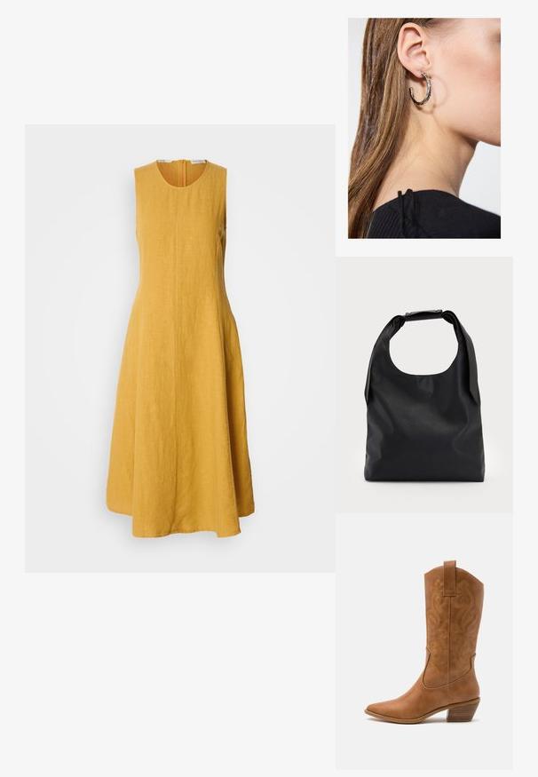 Sleeveless yellow linen dress with a round neckline, flared A-line silhouette, and a concealed back zipper; textured fabric with a soft finish.; Tan leather cowboy boot with pointed toe, embroidered swirl patterns on shaft, and a stacked block heel. Features a pull tab for easy wear.; Black leather handbag with a large open top and a single shoulder strap. Soft texture, minimal design, features subtle hardware accents.; Silver hoop earring with a polished finish, featuring small gold accent details and a round shape, worn on the lobe.
