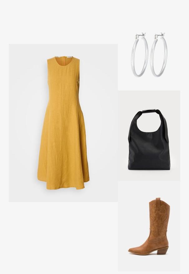 Ärmelloses gelbes Leinenkleid mit Rundhalsausschnitt, weit schwingender A-Linie und verdecktem Reißverschluss hinten; strukturierter Stoff mit weicher Oberfläche.; Braune Leder-Cowboy-Stiefel mit spitzem Zehenbereich, bestickten Wirbelmustern am Schaft und einem gestapelten Blockabsatz. Verfügt über einen Ziehriemen für das einfache Anziehen.; Schwarze Leder-Hobo-Tasche mit einem einzelnen, weichen, abgerundeten Griff; verfügt über eine glatte Textur und ein minimalistisches Design. Keine sichtbaren Beschläge oder Akzente.; Silberne Creolen mit einer glatten, polierten Oberfläche. Runder Form und sicherem Klickverschluss. Leichtes Design, geeignet für den täglichen Gebrauch.