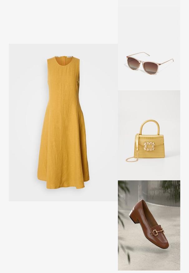 Abito senza maniche in lino giallo con scollatura rotonda, silhouette ad A svasata e zip nascosta sul retro; tessuto testurizzato con una finitura morbida.; Mocassino in pelle verniciata marrone con punta quadrata, accentato da catena metallica e tacco basso; texture liscia, design minimalista.; Occhiali da sole con gradiente marrone e una montatura traslucida rosa, forma quadrata e aste in metallo sottili. Presentano bordi arrotondati e dettagli minimali.; Borsa finta coccodrillo gialla con design strutturato, manico superiore, tracolla a catena removibile e abbellimenti in cristallo decorativi sulla chiusura.