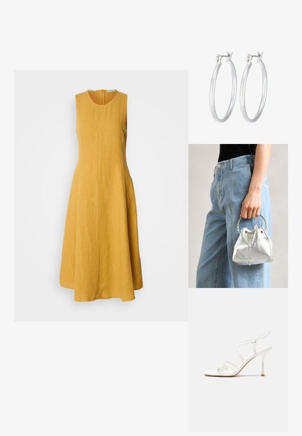 Bez rękawów żółta sukienka lniana z okrągłym dekoltem, rozkloszowanym krojem A-line i ukrytym zamkiem błyskawicznym z tyłu; fakturowany materiał o miękkim wykończeniu.; Białe sandały na wysokim obcasie z paskami, z płaską bazą na palcach, teksturowanym przodem z marszczonymi akcentami oraz cienkim paskiem na kostce.; Metaliczna srebrna torba typu bucket z teksturowanym wykończeniem, ozdobiona okrągłym srebrnym uchwytem i zaciąganym zapięciem, trzymana na tle jasnoniebieskich dżinsów.; Srebrne kolczyki w formie kółek o gładkim, polerowanym wykończeniu. O okrągłym kształcie i pewnym zapięciu na klik. Lekka konstrukcja odpowiednia do codziennego noszenia.