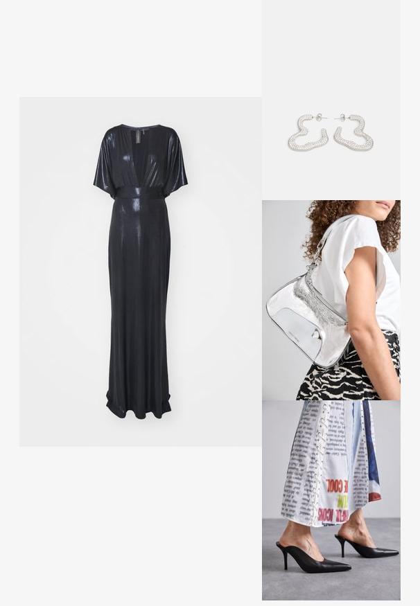 Norma Kamali OBIE GOWN - Džersio suknelė - true navy; Juodos odinės mules su smailiu pirštu ir stiletto kulnu, derinamos su baltu raštuotu drabužiu, turinčiu šniūruotų detalių.; Sidabro spalvos metalinė peties kuprinė su lygiu paviršiumi, išlenkta forma, grandinėlės rankena ir blizgiu priekiu, kuriame subtiliai išgraviruotas logotipas.; Sidabrinės auskarai su banguota, abstrakčia forma, papuošta mažais, žėrinčiais kristalais. Patikimas užsegimas su kištukiniu uždarymu.