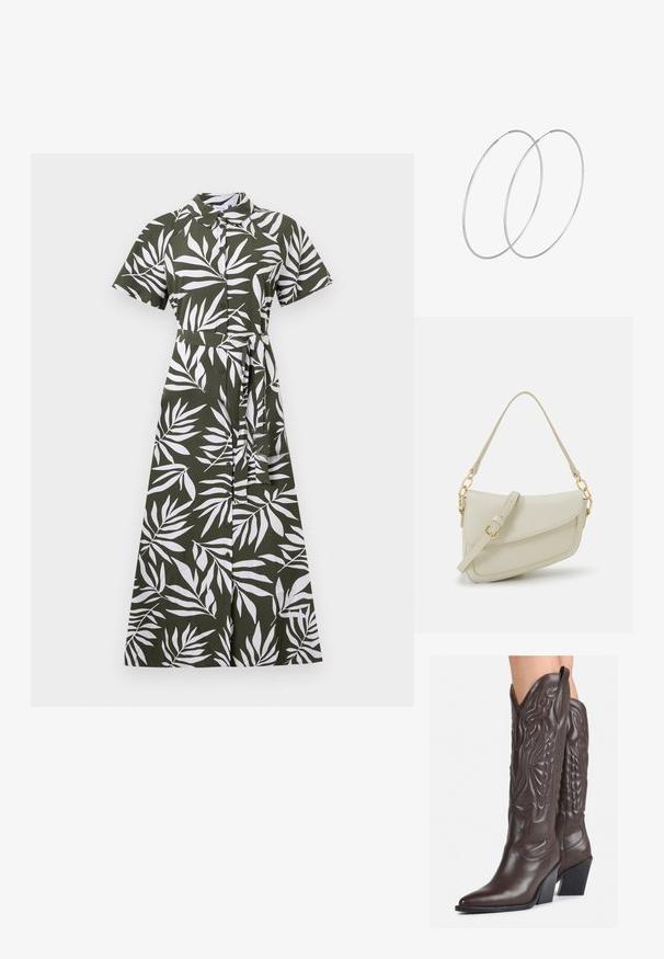 Grøn midi kjole med hvide bladmønstre, korte ærmer, krave, knap-frem og taljebånd, lavet af glat stof.; Brune læder cowboystøvler med spids tå og blokhæle, med detaljeret syning og forhøjede accenter på skaftet.; Lille cremehåndtaske med tekstureret overflade, en lang justerbar rem, en kædeaccent og flaplukning. Detaljer i guldhardware.; Sølvøreringe med et minimalistisk design. Cirkulær form, glat tekstur og tynd profil. Letvægtige med en poleret overflade.
