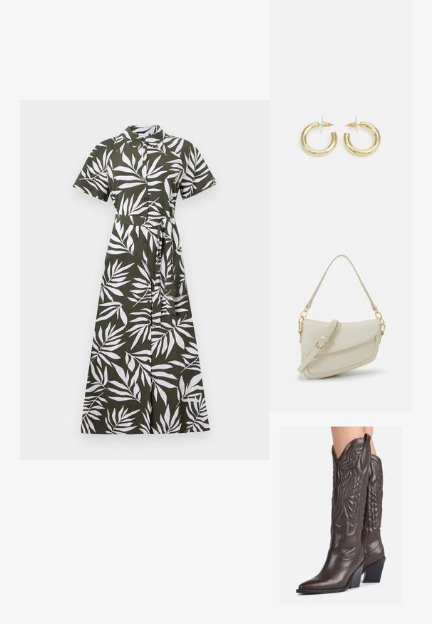 Abito midi verde con motivi a foglia bianchi, maniche corte, colletto, chiusura con bottoni davanti e cintura in vita, realizzato in tessuto morbido.; Stivali da cowboy in pelle marrone con punta affusolata e tacco a blocco, caratterizzati da dettagliati ricami e accenti rialzati sul gambale.; Piccola borsa a tracolla crema con finitura testurizzata, una lunga tracolla regolabile, un accento a catena e chiusura a patta. Dettagli in hardware dorato.; Orecchini a cerchio in oro con una finitura liscia e lucida. Design circolare con un piccolo perno e una chiusura trasparente per un indosso sicuro.