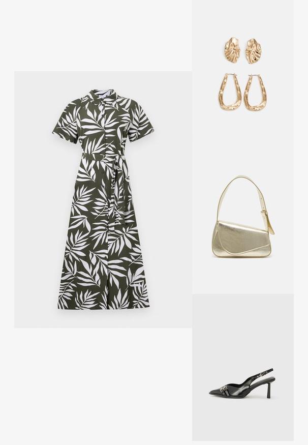 Zöld midi ruha fehér levélmintákkal, rövid ujjakkal, gallérral, gombos elülső részel és derékmegerősítéssel, sima anyagból.; Fekete lakk bőr, hegyes orrú slingback cipő, boka pántokkal, ezüst csatokkal és hardverelemekkel, valamint karcsú sarkú.; Arany fémes kézi táska, strukturált dizájnnal, sima felülettel és állítható pánttal. Egyedi háromszög alakú, minimalistának mondható varrásokkal rendelkezik.; Aranyszínű fülbevalók, texturált, hullámos formákkal. Tartalmazza a szobrászati klipszes studokat és az open hoop kialakítást, kalapácsos felülettel.
