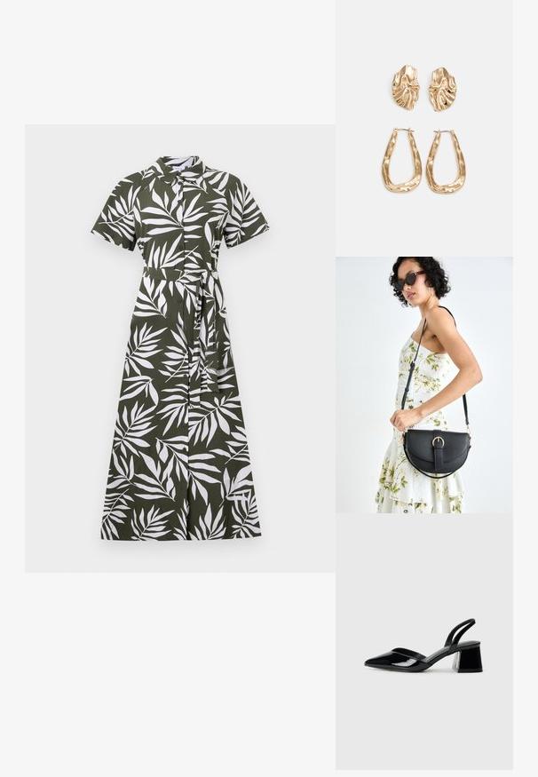Green midi dress with white leaf patterns, short sleeves, a collar, button front and waist tie, made of smooth fabric.; Black patent leather slingback heels with a pointed toe and a geometric block heel. Features a sleek, minimal design and smooth texture.; Black leather handbag with a curved shape, detachable strap, and gold hardware. The bag features a flap with a buckle detail.; Gold-tone earrings featuring textured, wavy shapes. Includes sculptural clip-on studs and open hoop design with a hammered finish.