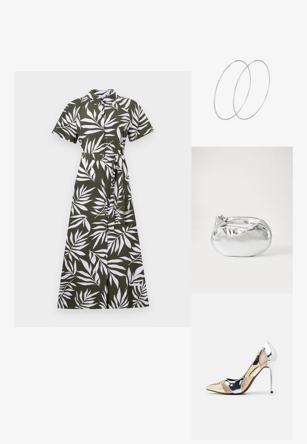 Zielona midi sukienka z białymi wzorami liści, krótki rękaw, kołnierzyk, guzik z przodu oraz wiązanie w talii, wykonana z gładkiego materiału.; Czółenka na wysokim obcasie z wąskim noskiem w kolorze srebrnym, złotym i nude. Lśniące wykończenie z wycięciami, z obcasem w stylu stiletto.; Srebrna metaliczna torba worek o miękkim, zaokrąglonym kształcie i zawiązywanym z góry zapięciem. Wykonana z gładkiego materiału imitującego skórę.; Srebrne kolczyki w formie obręczy o minimalistycznym designie. Okrągły kształt, gładka faktura i cienki profil. Lekkie, z polerowanym wykończeniem.