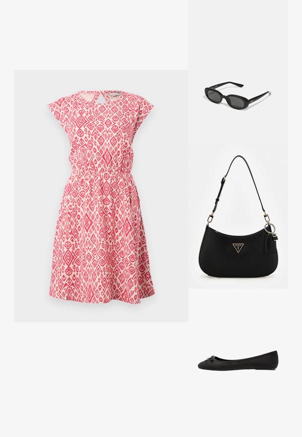 Rdeča in bela obleka z vzorcem iz lahkega materiala, ki ima okrogel izrez, kratke rokave, elastičen pas in razširjen krilo.; Črne balerinke iz semiša z zaobljenim prstom, ki vključujejo dekorativno pentljo spredaj in ravno obliko podplata. Gladka tekstura in klasična oblika.; Črne sončne očala z ovalnimi lečami, sijajnim plastičnim okvirjem in tankimi ročaji. Na strani se nahaja belo logotip Ray-Ban.; Črna sintetična torba za ramo s ukrivljeno silhueto, teksturirano površino, zlatim trikotnim logotipom in odstranljivimi dodatki.