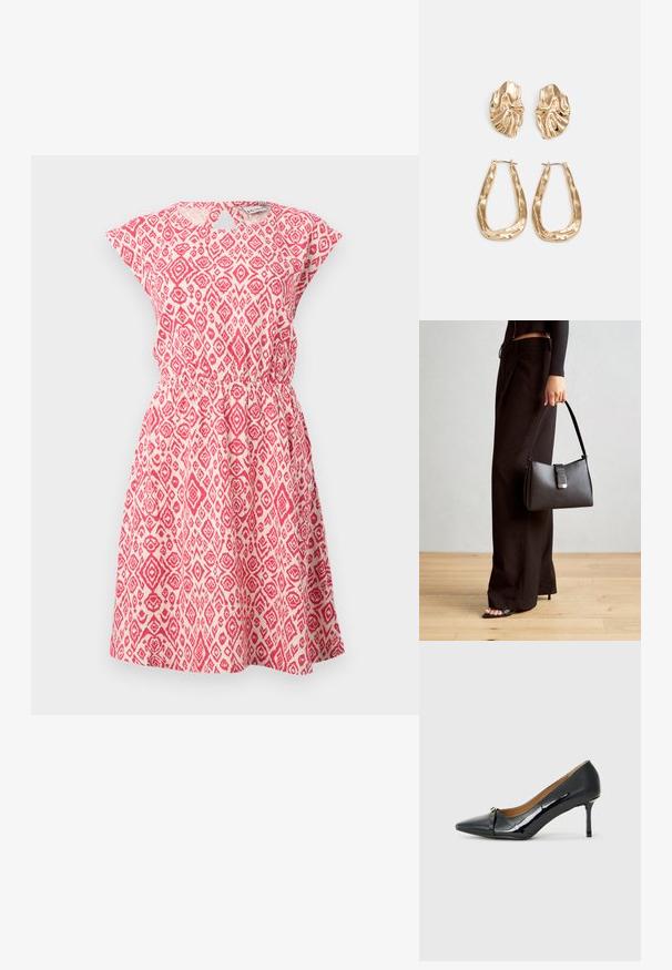 Raudona ir balta raštuota suknelė, pagaminta iš lengvos medžiagos, su apvaliu iškirpimu, trumpomis rankovėmis, elastinga juosmens linija ir plačiu sijonu.; Juodas lakinės odos aukštakulnis batelis su smailiu pirštu, dekoratyviu dirželiu priekyje ir plonu stiletu.; Juodas rankinė struktūrizuota forma, lygi tekstūra ir metalinis užsegimas. Suporuota su plačiomis juodomis kelnėmis ir atvirais bateliais ant medinių grindų.; Auksinės auskarai, turintys tekstūruotus, bangų formos elementus. Įeina skulptūriniai segami auskarai ir atviri lankai su išmuštu paviršiumi.