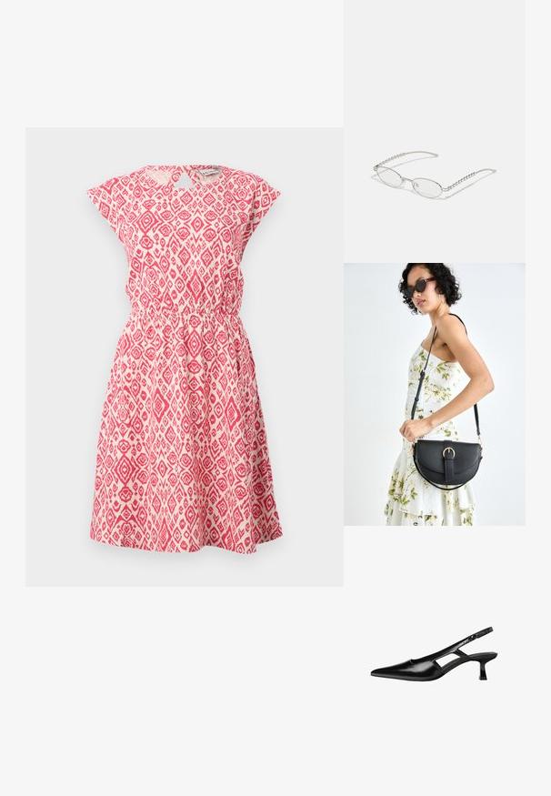 Robe à motifs rouge et blanc en tissu léger, avec un col rond, des manches courtes, une taille élastique et une jupe évasée.; Escarpins slingback en cuir verni noir avec un bout pointu, un design découpé sur les côtés et un petit talon carré. Texture lisse avec des accents minimaux.; Lunettes ovales avec une monture métallique argentée, verres transparents et accents de branches texturées avec perles. Design léger avec des branches courbées.; Sac à main en cuir noir avec une forme courbée, bandoulière amovible et des accessoires en or. Le sac est doté d'un rabat avec un détail de boucle.