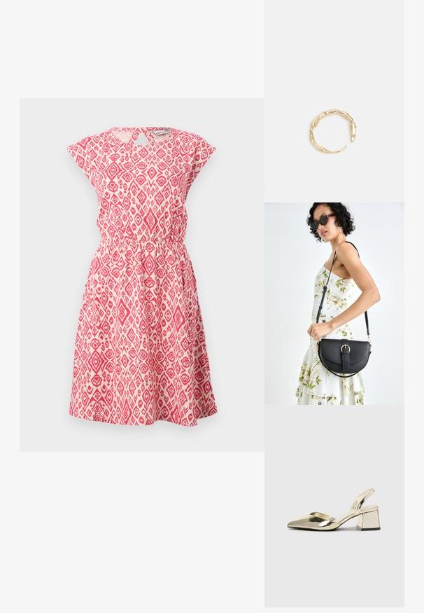 Vestido de verano de tejido ligero con un estampado rojo y blanco, con escote redondo, mangas cortas, cintura elástica y falda de campana.; Tacones slingback metálicos dorados con punta afilada y tacón grueso. Textura suave, diseño minimalista y una correa estrecha.; Bolso de piel negra con forma curva, correa desmontable y herrajes dorados. El bolso cuenta con una solapa con un detalle de hebilla.; Anillo en tono dorado con un diseño orgánico y retorcido, con una textura suave y extremos cónicos, creando una apariencia moderna y escultórica.