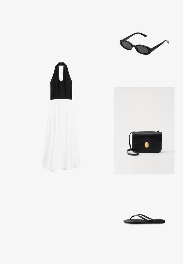 Massimo Dutti LONG FLARED WITH HALTER NECK - Jurk - black; Zwarte flip-flop met een gestructureerde rubberen zool, twee slanke banden en een subtiele, ingedrukte logo-detail op de band.; Zwarte oversized zonnebril met ovale lenzen, een glad plastic montuur en gouden accenten op de pootjes. Donkere lenzen bieden bescherming tegen de zon.; Zwarte leren handtas met een gestructureerde rechthoekige vorm. Voorzien van een gouden ovale sluiting en een dunne schouderband. Glad van textuur.