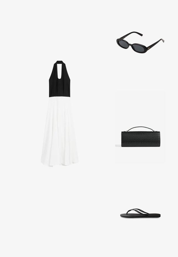 Massimo Dutti LONG FLARED WITH HALTER NECK - Robe de jour - black; Tongs noires avec une semelle en caoutchouc texturée, deux fines lanières et un détail de logo embossé subtil sur la lanière.; Lunettes de soleil noires surdimensionnées avec des verres ovoïdes, monture en plastique lisse et accents dorés sur les tempes. Les verres sombres offrent une protection contre le soleil.; Pochette en cuir tressé noir de forme rectangulaire, avec une fine poignée et de subtils accents en matériel doré.