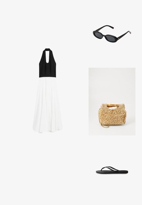 Massimo Dutti LONG FLARED WITH HALTER NECK - Hverdagskjole - black; Sorte flip-flop med en tekstureret gummisål, to slanke stropper og et subtilt, præget logodetalje på stroppen.; Store store; Vævet strohåndtaske med bambushåndtag, der har et tekstureret fringedesign i naturlig beige og en guldkædesnor.