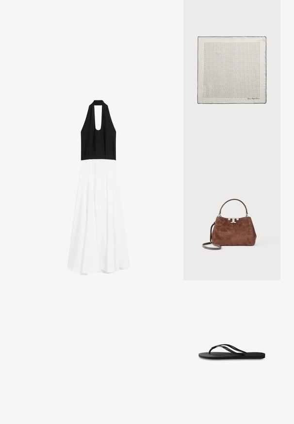 Massimo Dutti LONG FLARED WITH HALTER NECK - Day dress - black; Black flip-flop featuring a textured rubber sole, two slender straps, and a subtle, embossed logo detail on the strap.; Silk scarf in cream with a navy border, featuring evenly spaced navy dots forming a pattern. Signature printed in the corner.; Brown suede handbag with a structured shape, silver logo hardware, short handle, and a detachable shoulder strap. Smooth texture, minimalist design.