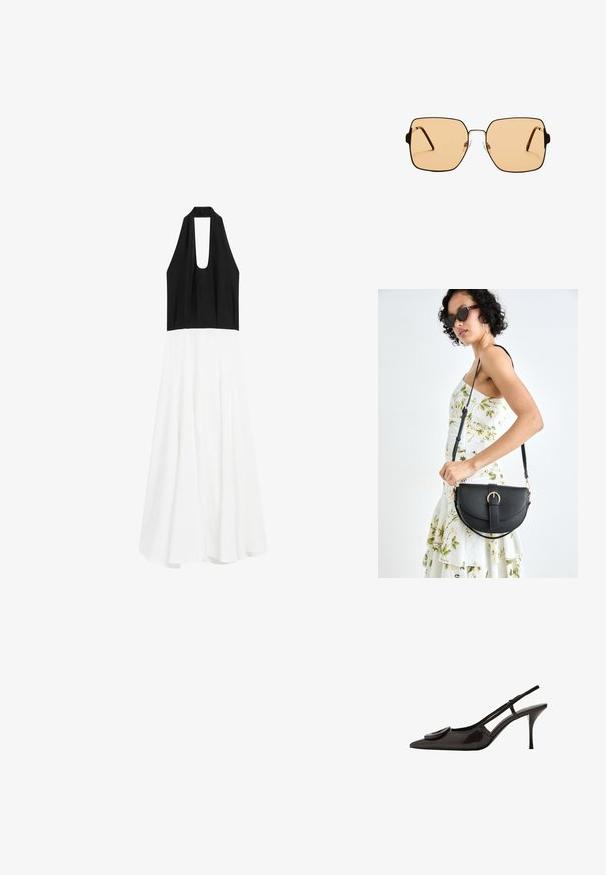 Massimo Dutti LONG FLARED WITH HALTER NECK - Vestito casual - black; Scarpa slingback in pelle verniciata nera con punta appuntita, design minimalista, piccolo dettaglio rotondo sulla tomaia e tacco sottile.; Occhiali da sole quadrati con lenti marroni e una sottile montatura in metallo nero. Presentano tempie angolari e naselli regolabili per il massimo comfort.; Borsa a tracolla nera in pelle con una forma curva, manico rimovibile e accessori dorati. La borsa presenta una patta con un dettaglio a fibbia.