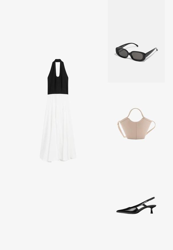 Massimo Dutti LONG FLARED WITH HALTER NECK - Hverdagskjole - black; Sorte patentlæder slingback hæle med spids tå, udskåret sideskærm og en lille firkantet hæl. Glat tekstur med minimale detaljer.; Sorte rektangulære solbriller med mørke linser. Tykt plastiklavet stel med glat overflade og afrundede kanter. Stilfulde stænger strækker sig udad.; Lysebrun læderhåndtaske med en unik form, featuring to korte håndtag og et langt justerbart rem. Glat tekstur med minimal hardware.