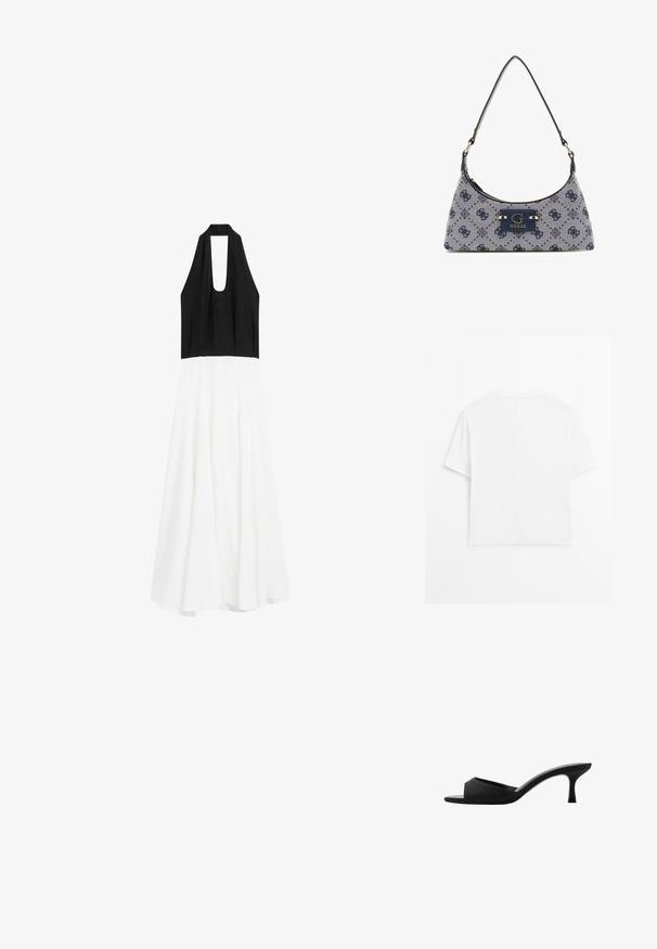 Massimo Dutti LONG FLARED WITH HALTER NECK - Freizeitkleid - black; Ein schlichtes weißes T-Shirt mit kurzen Ärmeln und Rundhalsausschnitt, das eine vertikale Naht in der Mitte auf der Rückseite aufweist, vor einem weißen Hintergrund präsentiert.; Schwarze Absatzmules mit einer breiten, offenen Zehenpartie und einem geschwungenen Oberteil. Hergestellt aus strukturiertem Stoff, mit einem schlanken Absatz und einer glatten Sohle.; Hobo-Handtasche aus navyblauem Stoff mit einem Diamantmuster, ausgestattet mit einem Logo-Schild und einem glatten Schultergurt. Strukturiert Oberfläche.