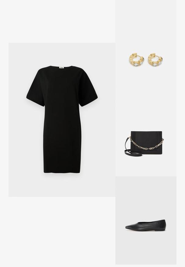 Vestido preto com um corte solto, mangas curtas e corte reto. Feito de um tecido suave e liso, com decote redondo.; Bailarina de couro preto, bico fino, design minimalista, textura suave, salto baixo, sem hardware ou embelezamentos visíveis.; Bolsa crossbody de couro preto com uma textura suave, forma retangular e um detalhe em corrente metálica na frente. Inclui uma alça ajustável.; Brincos de argola dourados com um design texturizado e três cristais transparentes em um lado, oferecendo uma estética geométrica moderna.