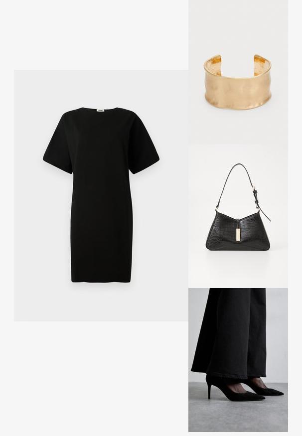 Mustassa mekossa on löysä istuvuus, lyhyet hihat ja suora leikkaus. Se on valmistettu pehmeästä, sileästä kankaasta ja siinä on pyöreä kaula-aukko.; Mustat mokkanahka korkokengät, joissa on terävä kärki, yhdistettynä mustiin leveälahkeisiin housuihin, esittelevät tyylikästä muotoilua ja hienovaraista kiiltoa.; Mustat käsilaukku, joka on valmistettu synteettisestä krokotiilin nahasta, jossa on kolmion muoto, kapea olkahihna ja kultasävyinen yksityiskohta keskellä.; Kullanılan altın tonlarına sahip, pürüzsüz ve dalgalı bir yüzeye sahip bilezik, dokulu bir iç kısım ve açık tasarımı ile organik bir şekil oluşturuyor.