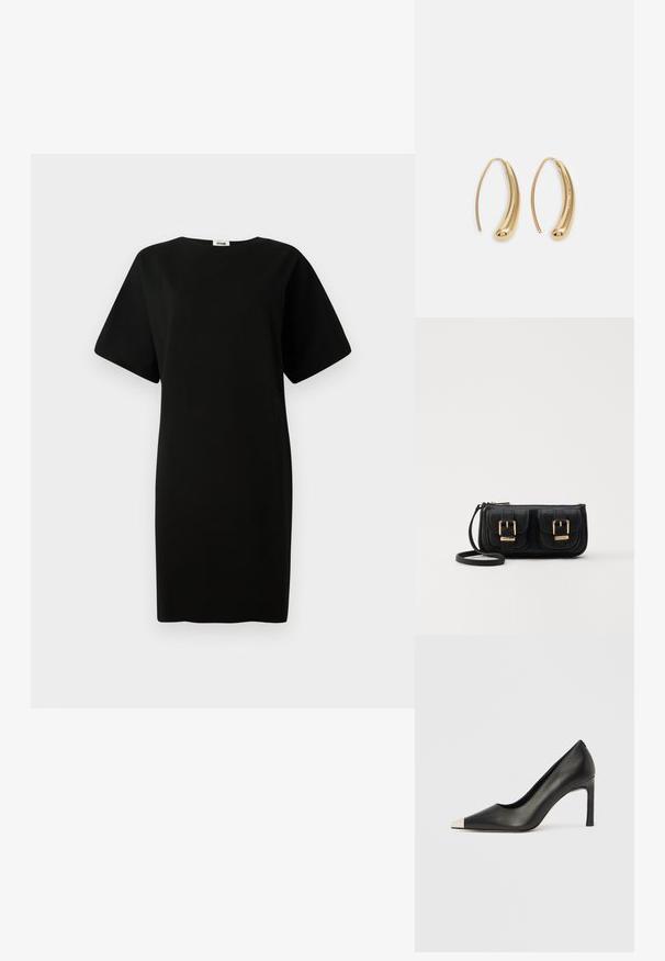 Svart kjole med en løs passform, korte ermer og rett snitt. Laget av mykt, glat stoff med rund hals.; Svart lærsko med høye hæler, spiss tå og metallisk sølvhette. Har en glatt finish og en slank hæl på 10 cm.; Svart skinn crossbody veske med to frontlommer, gyldne spenner, glidelåslukking og en slank stropp. Teksturert overflate og kompakt rektangulær form.; Gullfargede metalløredobber med en buet, forlenget form. Har en jevn, blank overflate og en avrundet tupp for ekstra detaljer.